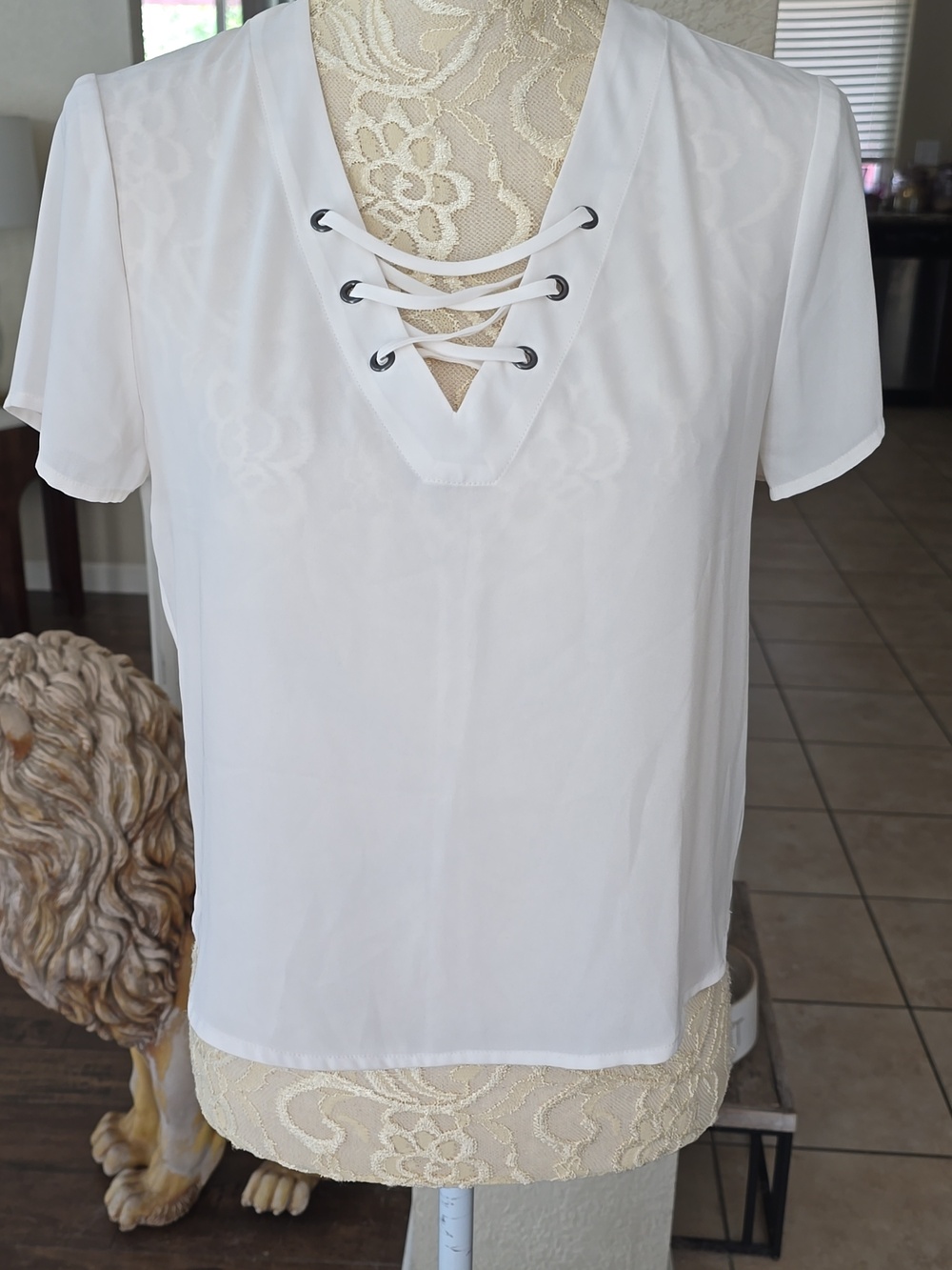 Express Sheer White Lace-Up Short Sleeve Top